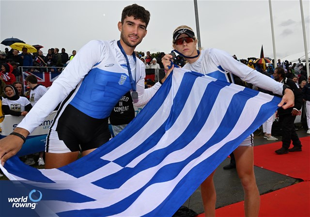 Nikolaos Cholopoulos (b), Dimitrios Papazoglou (s), Men's Double Sculls, Greece, Silver, 2023 World Rowing Under 19 Championships, Paris, France © Detlev Seyb / MyRowingPhoto.com