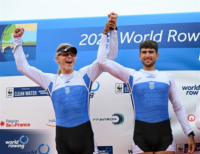 Nikolaos Cholopoulos (b), Dimitrios Papazoglou (s), Men's Double Sculls, Greece, Silver, 2023 World Rowing Under 19 Championships, Paris, France © Detlev Seyb / MyRowingPhoto.com