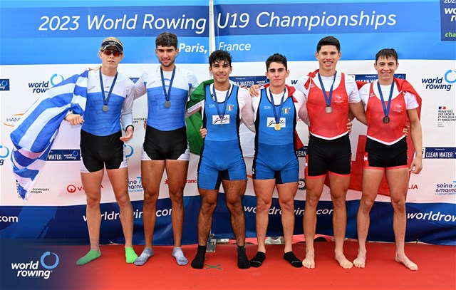 Josef Giorgio Marvucic (b), Maichol Brambilla (s), Men's Double Sculls, Italy, Gold, Nikolaos Cholopoulos (b), Dimitrios Papazoglou (s), Greece, Silver, Nicolas Chambers (b), Ivo Loepfe (s), Switzerland, Bronze, 2023 World Rowing Under 19 Championships, Paris, France © Detlev Seyb / MyRowingPhoto.com