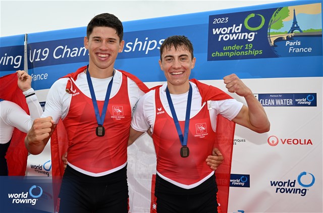 Nicolas Chambers (b), Ivo Loepfe (s), Men's Double Sculls, Switzerland, Bronze, 2023 World Rowing Under 19 Championships, Paris, France © Detlev Seyb / MyRowingPhoto.com