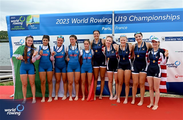 Ella Wheeler (b), Rebecca Stelmach, Delaney Lundberg, Carly Brown (s), Lucy Herrick (c), Women's Coxed Four, United States of America, Gold, Giulia Zaffanella (b), Matilde Orsetti, Giulia Orefice, Marta Orefice (s), Margherita Fanchi (c), Italy, Silver, 2023 World Rowing Under 19 Championships, Paris, France © Detlev Seyb / MyRowingPhoto.com