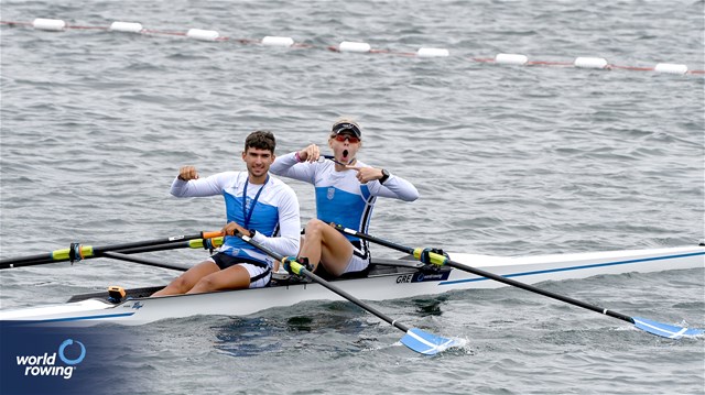 Nikolaos Cholopoulos (b), Dimitrios Papazoglou (s), Men's Double Sculls, Greece, Silver, 2023 World Rowing Under 19 Championships, Paris, France © Maren Derlien / MyRowingPhoto.com