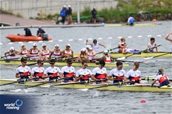 Radim Honig (b), Tomas Janecek, Tadeas Machacek, Alex Novak, Krystof Blaha, Matej Vlcek, Adam Kruza, Frantisek Novotny (s), Lucie Vyhnalova (c), Men's Eight, Czechia, 2023 World Rowing Under 19 Championships, Paris, France © Detlev Seyb / MyRowingPhoto.com