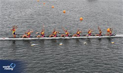 Narcisa-Florentina Negura (b), Adina Alexandra Florea, Rebeca Andreea Andriesei, Bianca Elena Draghici, Beatrice Piseru, Georgiana Blanariu, Andreea Bianca Marin, Denisa Cristina Ailincai (s), Irina Lucia Andreea Despa (c), Women's Eight, Romania, Bronze, 2023 World Rowing Under 19 Championships, Paris, France © Maren Derlien / MyRowingPhoto.com