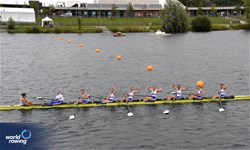 Ailish Harkin (b), Aggie Burt, Alice Colclough, Tess Peake, Helena Purves, Niamh Comerford, Emily Myers, Isadora Kennedy (s), Sophie Wrightson (c), Women's Eight, Great Britain, Gold, 2023 World Rowing Under 19 Championships, Paris, France © Maren Derlien / MyRowingPhoto.com