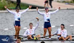 Alexandre Jolard (b), Alan Mitchell, Maxime Eymard, Hector Guimet (s), Men's Four, France, 2023 World Rowing Under 19 Championships, Paris, France © Detlev Seyb / MyRowingPhoto.com