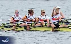 Tjorven Stina Schneider (b), Lena Giesing, Antonia Nake, Lea Hafke (s), Women's Quadruple Sculls, Germany, 2023 World Rowing Under 19 Championships, Paris, France © Detlev Seyb / MyRowingPhoto.com