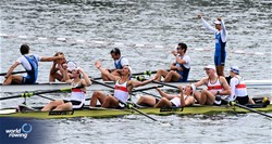 Leon Gronbach (b), Sebastian Hopf, Levin Burkhart, Amadeus Maus (s), Leonard Rieth (c), Men's Coxed Four, Germany, 2023 World Rowing Under 19 Championships, Paris, France © Maren Derlien / MyRowingPhoto.com