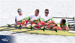 Alexandar Nikolov (b), Vladimir Botev, Iliyan Stoilov, Yoan Ivanov (s), Men's Quadruple Sculls, Bulgaria, 2023 World Rowing Under 19 Championships, Paris, France © Detlev Seyb / MyRowingPhoto.com