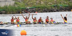 Narcisa-Florentina Negura (b), Adina Alexandra Florea, Rebeca Andreea Andriesei, Bianca Elena Draghici, Beatrice Piseru, Georgiana Blanariu, Andreea Bianca Marin, Denisa Cristina Ailincai (s), Irina Lucia Andreea Despa (c), Women's Eight, Romania, 2023 World Rowing Under 19 Championships, Paris, France © Detlev Seyb / MyRowingPhoto.com