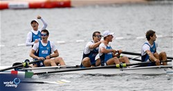 Natan Sartor (b), Filippo Bancora, Guglielmo Melegari, Francesco Garruccio (s), Riccardo Doni (c), Men's Coxed Four, Italy, 2023 World Rowing Under 19 Championships, Paris, France © Detlev Seyb / MyRowingPhoto.com