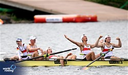Leon Gronbach (b), Sebastian Hopf, Levin Burkhart, Amadeus Maus (s), Leonard Rieth (c), Men's Coxed Four, Germany, 2023 World Rowing Under 19 Championships, Paris, France © Detlev Seyb / MyRowingPhoto.com