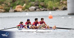 Erdem Ahmet (b), Yigit Yasar Dogruok, Gokmen Kaan Sezer, Yusuf Ziya Ates (s), Selin Boz (c), Men's Coxed Four, Turkiye, 2023 World Rowing Under 19 Championships, Paris, France © Detlev Seyb / MyRowingPhoto.com