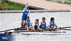 Natan Sartor (b), Filippo Bancora, Guglielmo Melegari, Francesco Garruccio (s), Riccardo Doni (c), Men's Coxed Four, Italy, 2023 World Rowing Under 19 Championships, Paris, France © Detlev Seyb / MyRowingPhoto.com