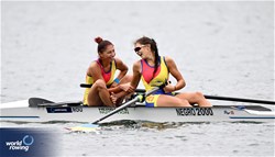 Ionela Elena Scutaru (b), Gabriela Tivodariu (s), Women's Pair, Romania, 2023 World Rowing Under 19 Championships, Paris, France © Detlev Seyb / MyRowingPhoto.com