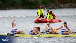 Martha Shepherd (b), Rhiannon Luke, Violet Holbrow-Brooksbank, Madeleine Greenstock (s), Women's Four, Great Britain, 2023 World Rowing Under 19 Championships, Paris, France © Detlev Seyb / MyRowingPhoto.com