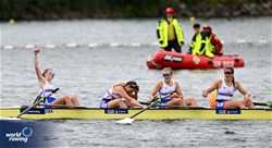 Martha Shepherd (b), Rhiannon Luke, Violet Holbrow-Brooksbank, Madeleine Greenstock (s), Women's Four, Great Britain, 2023 World Rowing Under 19 Championships, Paris, France © Detlev Seyb / MyRowingPhoto.com