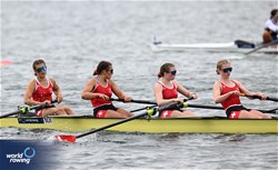 Katarina Mcmahon (b), Barbara Mcmahon, Lya Piccolo, Maria Rosa Wicki (s), Women's Four, Switzerland, 2023 World Rowing Under 19 Championships, Paris, France © Detlev Seyb / MyRowingPhoto.com