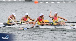 Mateus Simion Cozminciuc (b), Fabrizio Alexandru Scripcariu, Constantin Flocea, Sergiu Anfimov (s), Men's Four, Romania, 2023 World Rowing Under 19 Championships, Paris, France © Detlev Seyb / MyRowingPhoto.com
