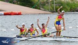 Mateus Simion Cozminciuc (b), Fabrizio Alexandru Scripcariu, Constantin Flocea, Sergiu Anfimov (s), Men's Four, Romania, 2023 World Rowing Under 19 Championships, Paris, France © Detlev Seyb / MyRowingPhoto.com