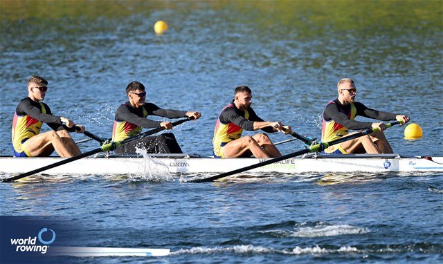 Gheorghe Morar, Eduard Angel Moldovan, Cristian-Vasile Nicoara, Andrei Hemen, Maria-Antonia Iancu, Men's Coxed Four, Romania, 2023 European Rowing Under 23 Championships, Krefeld, Germany / © Detlev Seyb / MyRowingPhoto.com