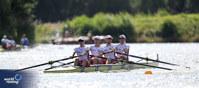 Tomasz Lewicki, Szymon Tomiak, Patryk Wojtalak, Oskar Streich, Men's Four, Poland, 2023 European Rowing Under 23 Championships, Krefeld, Germany / © Detlev Seyb / MyRowingPhoto.com