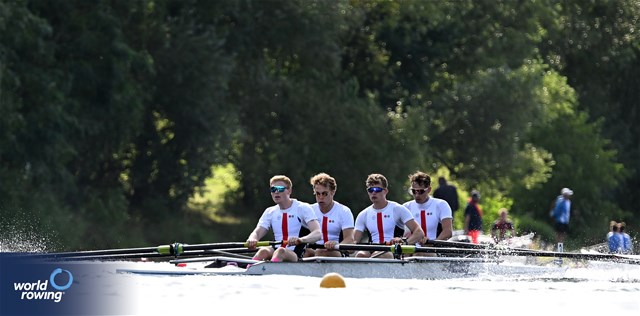 Patrick Klestrup, Christian Runge, Elias Ellehammer, Tobias Kramer Bosnes, Men's Four, Denmark, 2023 European Rowing Under 23 Championships, Krefeld, Germany / © Detlev Seyb / MyRowingPhoto.com
