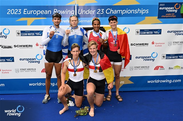 Philipp Dosse, Jakob Geyerd, Men's Double Sculls, Germany, Gold, Nikolaos Cholopoulos, Dimitrios Papazoglou, Greece, Silver, Boris Taeldeman, Savin Rodenburg, Belgium, Bronze, 2023 European Rowing Under 23 Championships, Krefeld, Germany / © Detlev Seyb / MyRowingPhoto.com