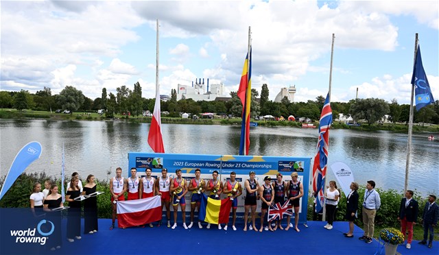 Sebastian Timis, Alexandru Gherasim, Andrei Mandrila, Iliuta-Leontin Nutescu, Men's Four, Romania, Gold, Tomasz Lewicki, Szymon Tomiak, Patryk Wojtalak, Oskar Streich, Poland, Silver, Odhran Donaghy, Toby Lassen, Harry Stevens, George Shaw, Great Britain, Bronze, 2023 European Rowing Under 23 Championships, Krefeld, Germany / © Detlev Seyb / MyRowingPhoto.com