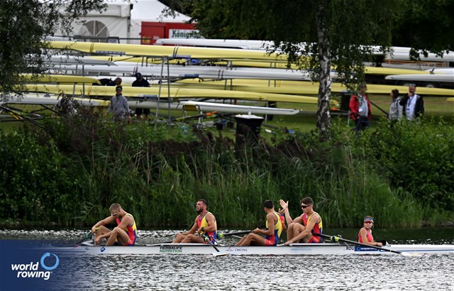 Gheorghe Morar, Eduard Angel Moldovan, Cristian-Vasile Nicoara, Andrei Hemen, Maria-Antonia Iancu, Men's Coxed Four, Romania, 2023 European Rowing Under 23 Championships, Krefeld, Germany / © Detlev Seyb / MyRowingPhoto.com