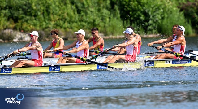 Tomasz Lewicki, Szymon Tomiak, Patryk Wojtalak, Oskar Streich, Men's Four, Poland, 2023 European Rowing Under 23 Championships, Krefeld, Germany / © Detlev Seyb / MyRowingPhoto.com