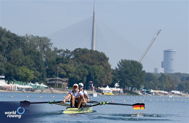 Paul Leerkamp (b), Jonathan Rommelmann (s), Lightweight Men's Double Sculls, Germany, 2023 World Rowing Championships, Belgrade, Serbia © Maren Derlien / MyRowingPhoto.com
