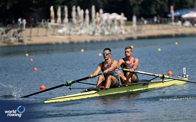 Adrian Juhasz (b), Bela Simon (s), Men's Pair, Hungary, 2023 World Rowing Championships, Belgrade, Serbia © Detlev Seyb / MyRowingPhoto.com