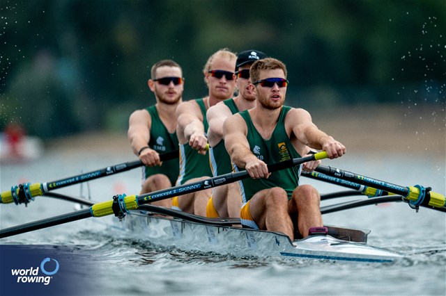 Henry Torr (b), Luc Daffarn, James Mitchell, Sandro Torrente (s), Men's Four, South Africa, 2023 World Rowing Championships, Belgrade, Serbia © World Rowing/Benedict Tufnell
