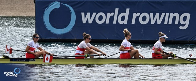 Piper Battersby (b), Rebecca Zimmerman, Kristen Siermachesky, Kristina Walker (s), Women's Four, Canada, 2023 World Rowing Championships, Belgrade, Serbia © Detlev Seyb / MyRowingPhoto.com