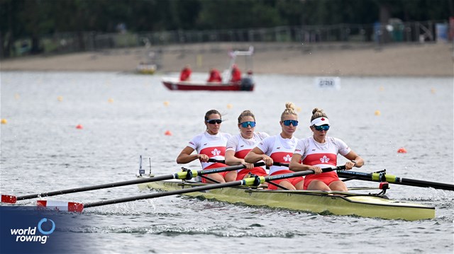 Piper Battersby (b), Rebecca Zimmerman, Kristen Siermachesky, Kristina Walker (s), Women's Four, Canada, 2023 World Rowing Championships, Belgrade, Serbia © Detlev Seyb / MyRowingPhoto.com