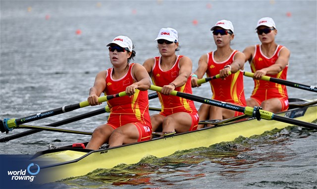 Shuxian Zhang (b), Xiaoxin Liu, Zifeng Wang, Xingye Xu (s), Women's Four, People's Republic of China, 2023 World Rowing Championships, Belgrade, Serbia © Detlev Seyb / MyRowingPhoto.com