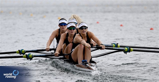 Davina Waddy (b), Ella Cossill, Jackie Gowler, Phoebe Spoors (s), Women's Four, New Zealand, 2023 World Rowing Championships, Belgrade, Serbia © Detlev Seyb / MyRowingPhoto.com