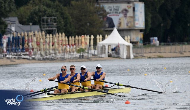 Maksym Boklazhenko (b), Oleh Kravchenko, Mykola Mazur, Sergii Gryn (s), Men's Four, Ukraine, 2023 World Rowing Championships, Belgrade, Serbia © Detlev Seyb / MyRowingPhoto.com