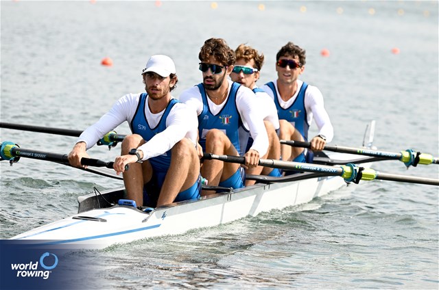 Paolo Covini (b), Alessandro Bonamoneta, Davide Verita', Davide Comini (s), Men's Four, Italy, 2023 World Rowing Championships, Belgrade, Serbia © Detlev Seyb / MyRowingPhoto.com