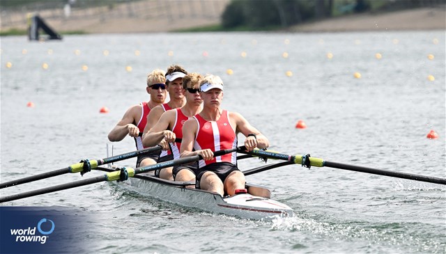 Magnus Valbirk (b), Kaare Mortensen, Christian Soendergaard, Bastian Secher (s), Men's Four, Denmark, 2023 World Rowing Championships, Belgrade, Serbia © Detlev Seyb / MyRowingPhoto.com