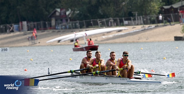 Mihaita Tiganescu (b), Andrei Lungu, Iliuta-Leontin Nutescu, Florin Lehaci (s), Men's Four, Romania, 2023 World Rowing Championships, Belgrade, Serbia © Detlev Seyb / MyRowingPhoto.com