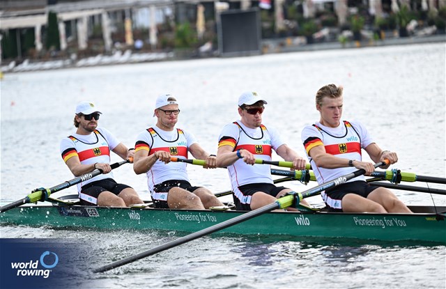 Theis Hagemeister (b), Malte Grossmann, Mark Hinrichs, Soenke Kruse (s), Men's Four, Germany, 2023 World Rowing Championships, Belgrade, Serbia © Detlev Seyb / MyRowingPhoto.com