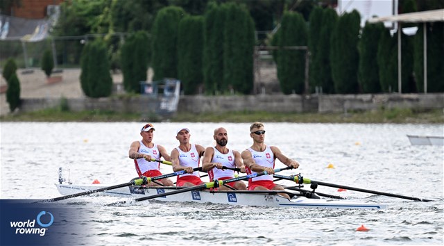 Lukasz Posylajka (b), Mateusz Wilangowski, Mikolaj Burda, Michal Szpakowski (s), Men's Four, Poland, 2023 World Rowing Championships, Belgrade, Serbia © Detlev Seyb / MyRowingPhoto.com