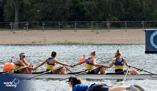 Daryna Verkhogliad (b), Nataliya Dovgodko, Anastasiia Kozhenkova, Kateryna Dudchenko (s), Women's Quadruple Sculls, Ukraine, 2023 World Rowing Championships, Belgrade, Serbia © Detlev Seyb / MyRowingPhoto.com