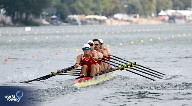 Dominic Condrau (b), Jan Jonah Plock, Scott Baerlocher, Maurin Lange (s), Men's Quadruple Sculls, Switzerland, 2023 World Rowing Championships, Belgrade, Serbia © Detlev Seyb / MyRowingPhoto.com