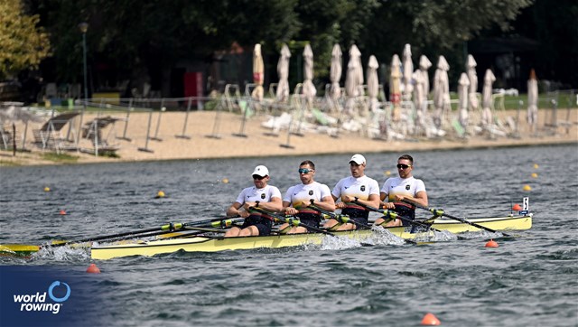 Armandas Kelmelis (b), Povilas Juskevicius, Dominykas Jancionis, Giedrius Bieliauskas (s), Men's Quadruple Sculls, Lithuania, 2023 World Rowing Championships, Belgrade, Serbia © Detlev Seyb / MyRowingPhoto.com