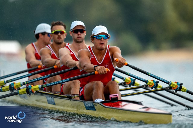 Dominic Condrau (b), Jan Jonah Plock, Scott Baerlocher, Maurin Lange (s), Men's Quadruple Sculls, Switzerland, 2023 World Rowing Championships, Belgrade, Serbia © World Rowing/Benedict Tufnell