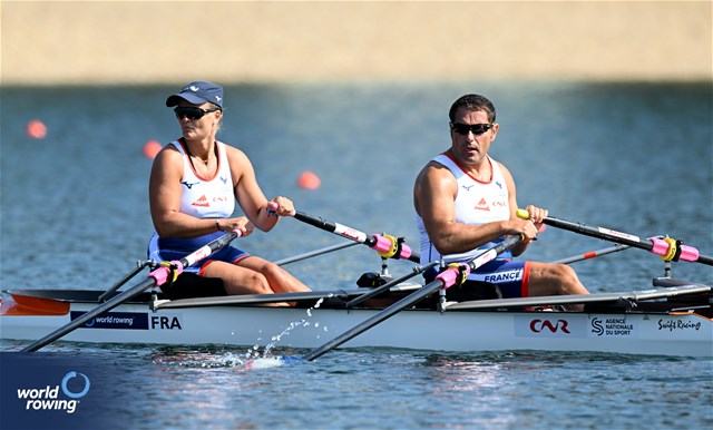 Perle Bouge (b), Stephane Tardieu (s), PR2 Mixed Double Sculls, France, 2023 World Rowing Championships, Belgrade, Serbia © Detlev Seyb / MyRowingPhoto.com