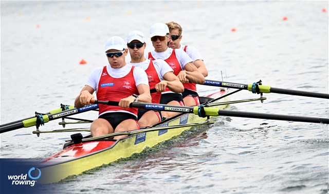 Joel Schuerch (b), Tim Roth, Patrick Brunner, Kai Schaetzle (s), Men's Four, Switzerland, 2023 World Rowing Championships, Belgrade, Serbia © Detlev Seyb / MyRowingPhoto.com